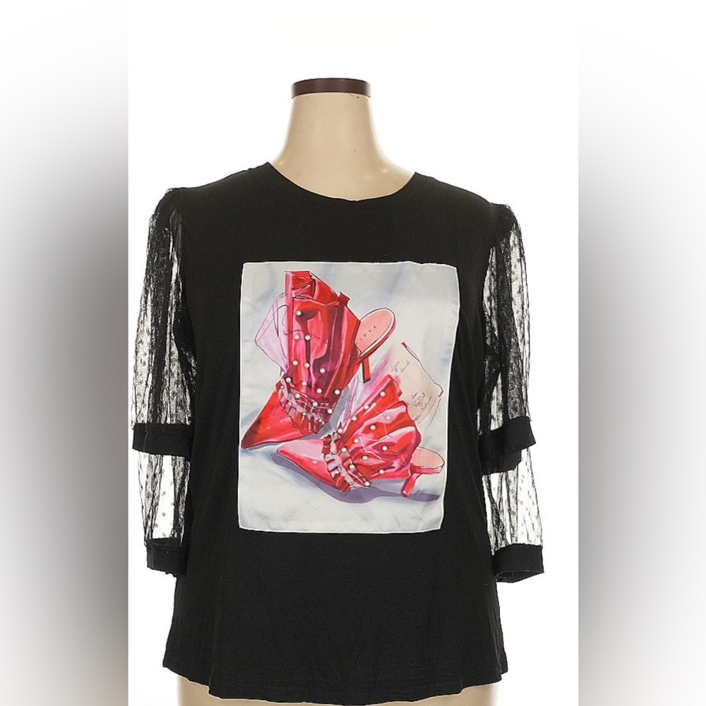 Ashley Stewart Black Graphic Tee Red Heels Sheer Dot Mesh Sleeve Plus Size 18/20